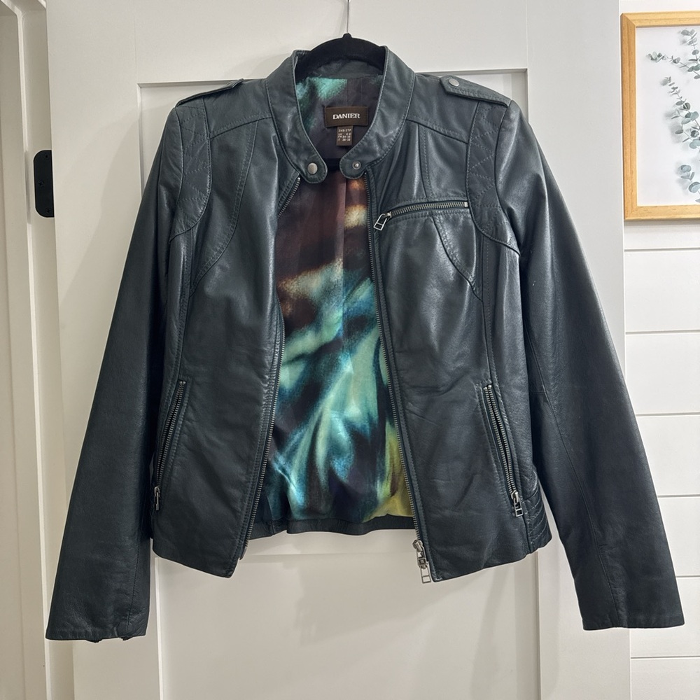 Danier Dark Green Leather Jacket with Colorful Lining